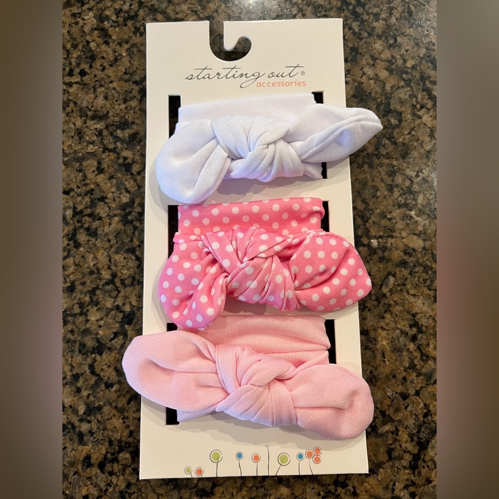 Starting Out baby girl bow headbands. Pink and white. NWT